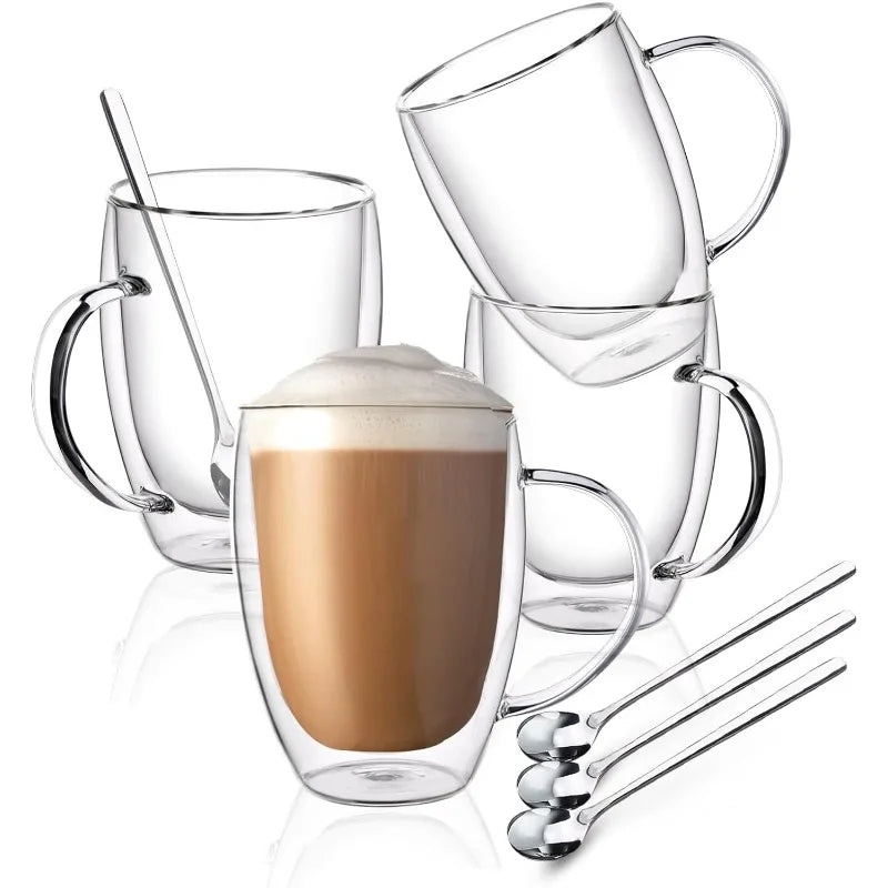 12 Oz Clear Double Wall Glass Coffee Mugs with Handle, Set of 6