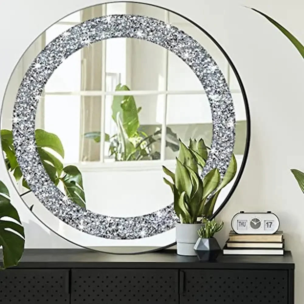 24x24 Inch Frameless Crystal Diamond Round Glass Wall Mirror