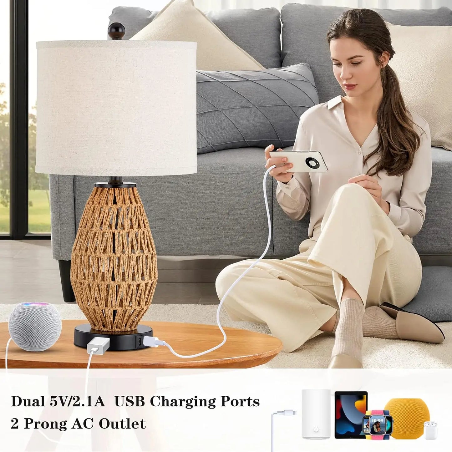 3 Way  Touch Control Rattan Table Lamps, Set of 2, with 2 USB Ports and AC Outlet