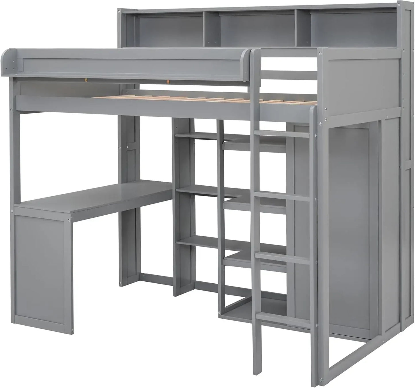 Solid Wood High Loft Bed Frame with Desk & Wardrobe