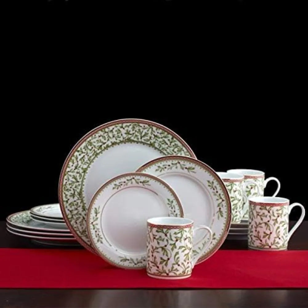 Mikasa Holiday Traditions Dinnerware Set with Mugs (16 Piece), Green, White