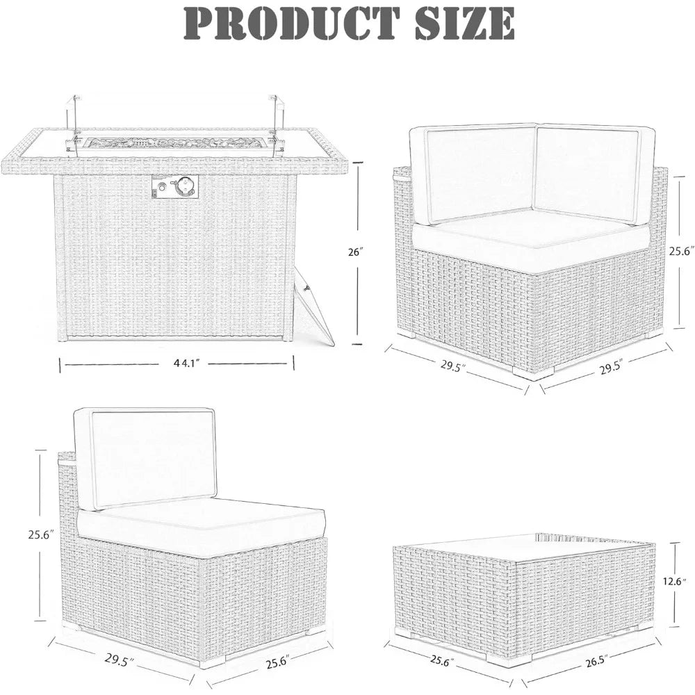 8 Pieces Outdoor Patio Furniture Set with 44" Propane Gas Fire Pit Table