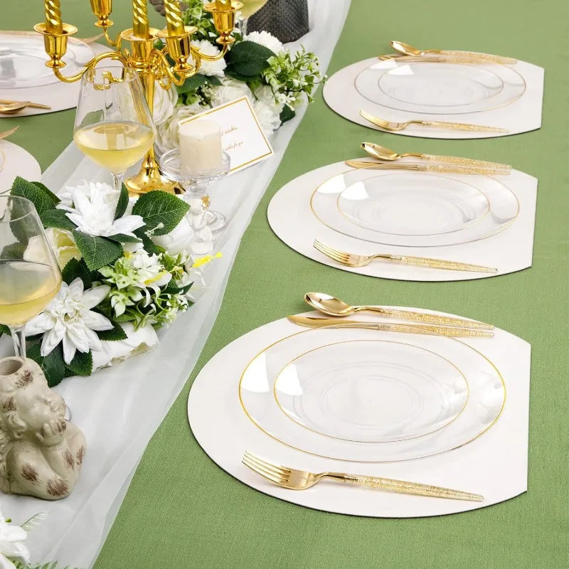 150PCS Clear-Gold Plastic Plates - Gold Plastic Silverware with Glitter Handle - 30 Guests