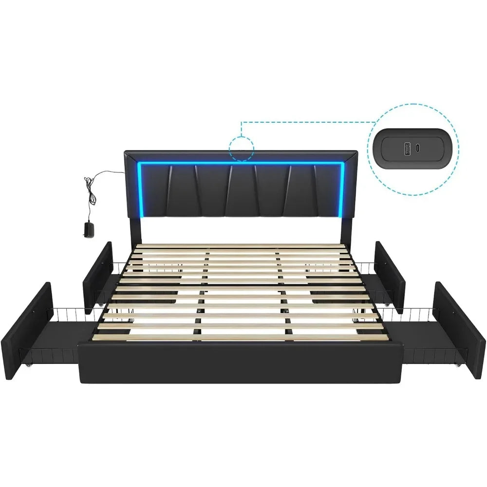 Upholstered Platform Bed Frame with 4 Storage Drawers and Led Lights