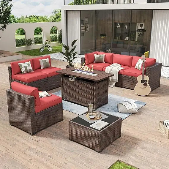 8-Piece Rattan Outdoor Furniture Set with 44 Fire Pit Table, Red