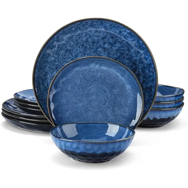 12 Piece, Reactive Change Glaze Dinner Set, Plates and Bowls Set