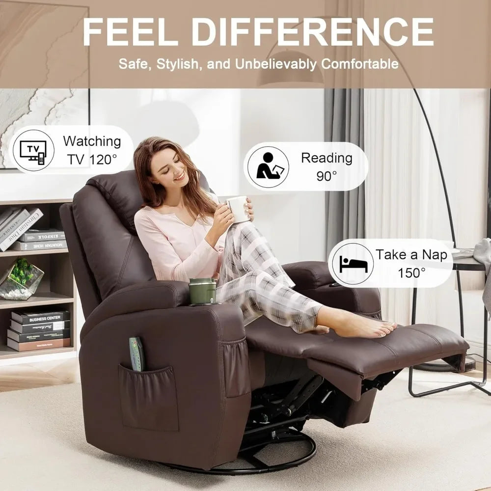 360° Swivel Recliner Chair with Massage and Heat, Remote Control and Cup Holder