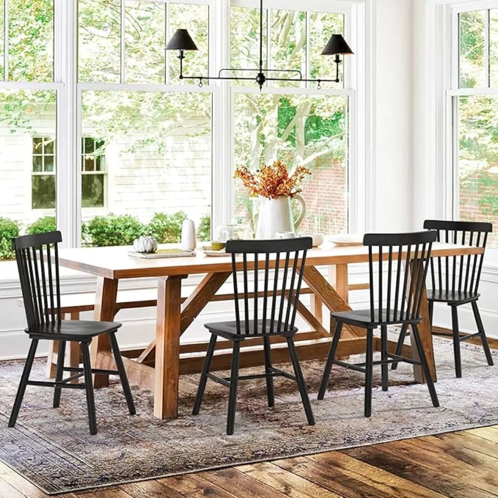 Set of 4, Spindle Back Wooden Chairs for Kitchen and Dining Room, Black