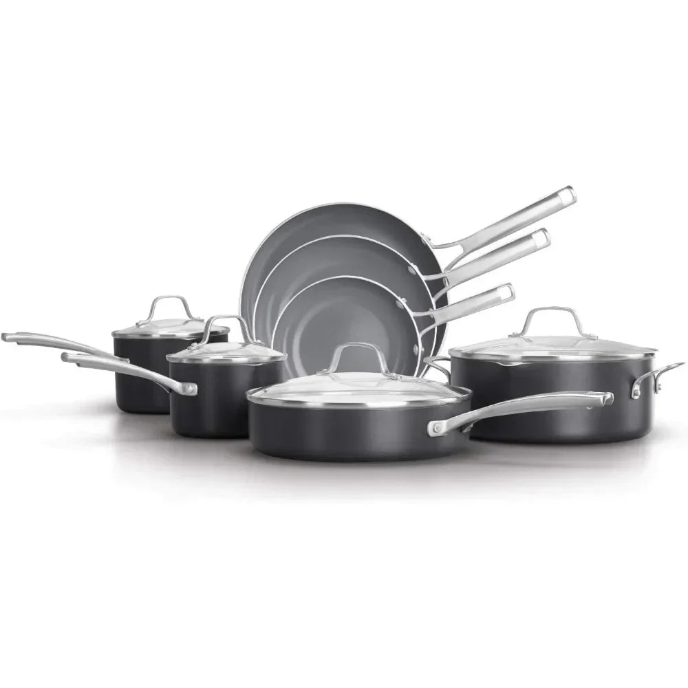 11-Piece Oil-Infused Ceramic Cookware Set, with Stay-Cool Handles, Dark Grey