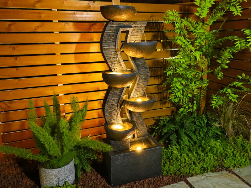 Large Outdoor Garden Fountain with Illuminated Waterfall