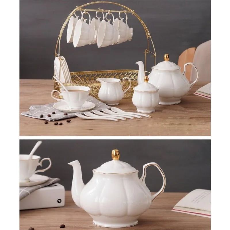 15 Piece Simple White English Ceramic Tea Set with Metal Holder, Matching Spoons