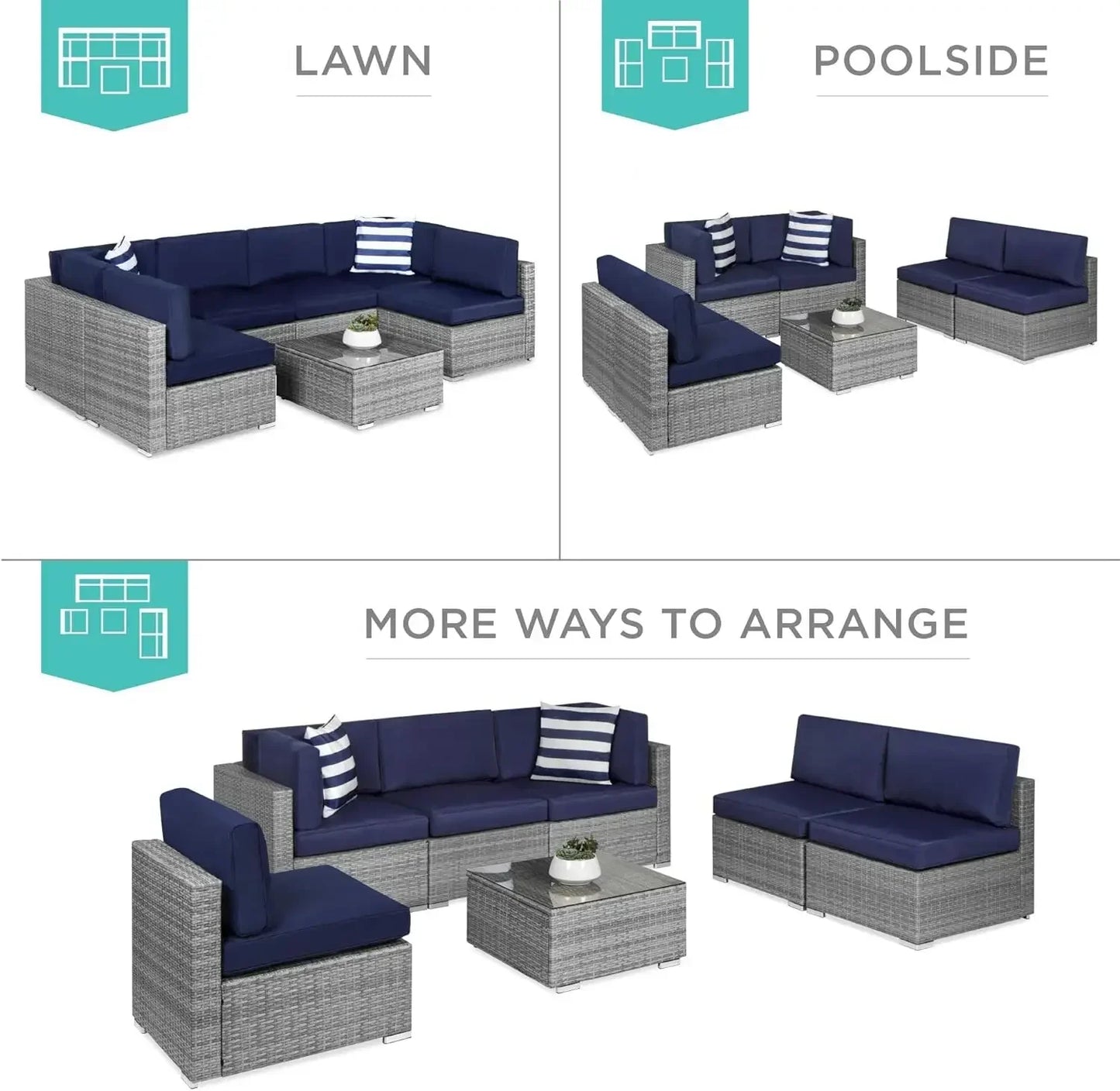 Modular Outdoor Sectional Wicker Patio Conversation Set w/ 2 Pillows, Coffee Table, Cover Included