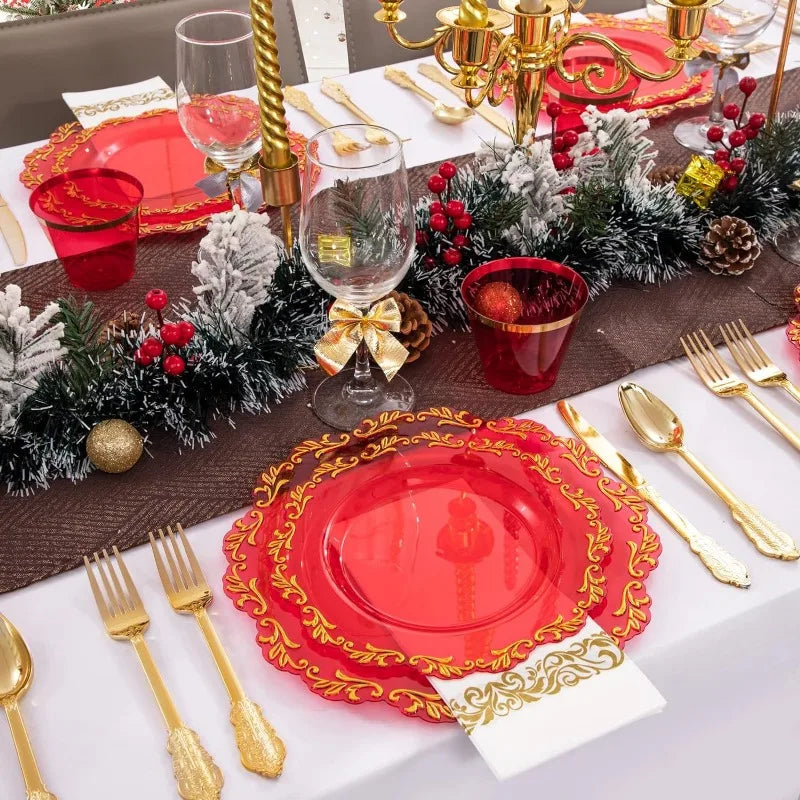 175PCS Clear Green Plastic Plates & Gold Plastic Silverware & Clear Green Cups & Gold Napkins, Service 25 Guest