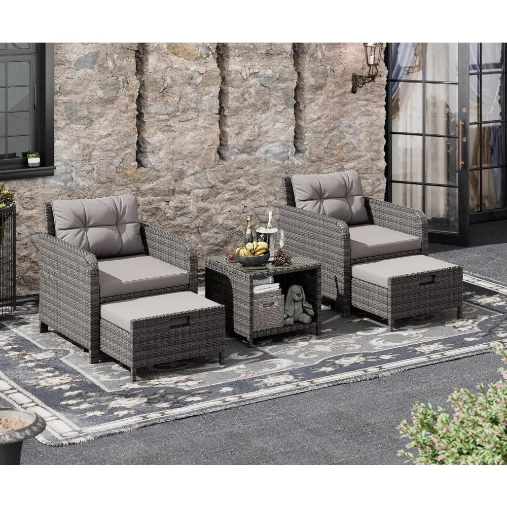 5 Piece Patio Conversation Set, Wicker Rattan Lounge Chairs with Soft Cushions