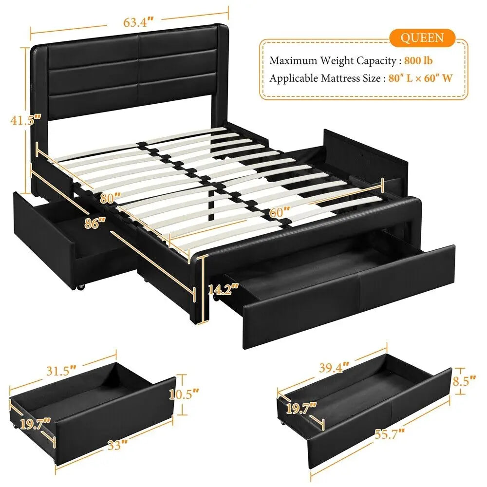 Queen/King Upholstered Bed Frame with Drawers Storage and Built-In USB Ports