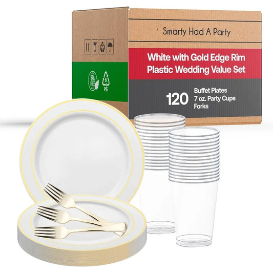 Elegant  White with Gold Rim Disposable Plastic Buffet Party Set for 120 Guests