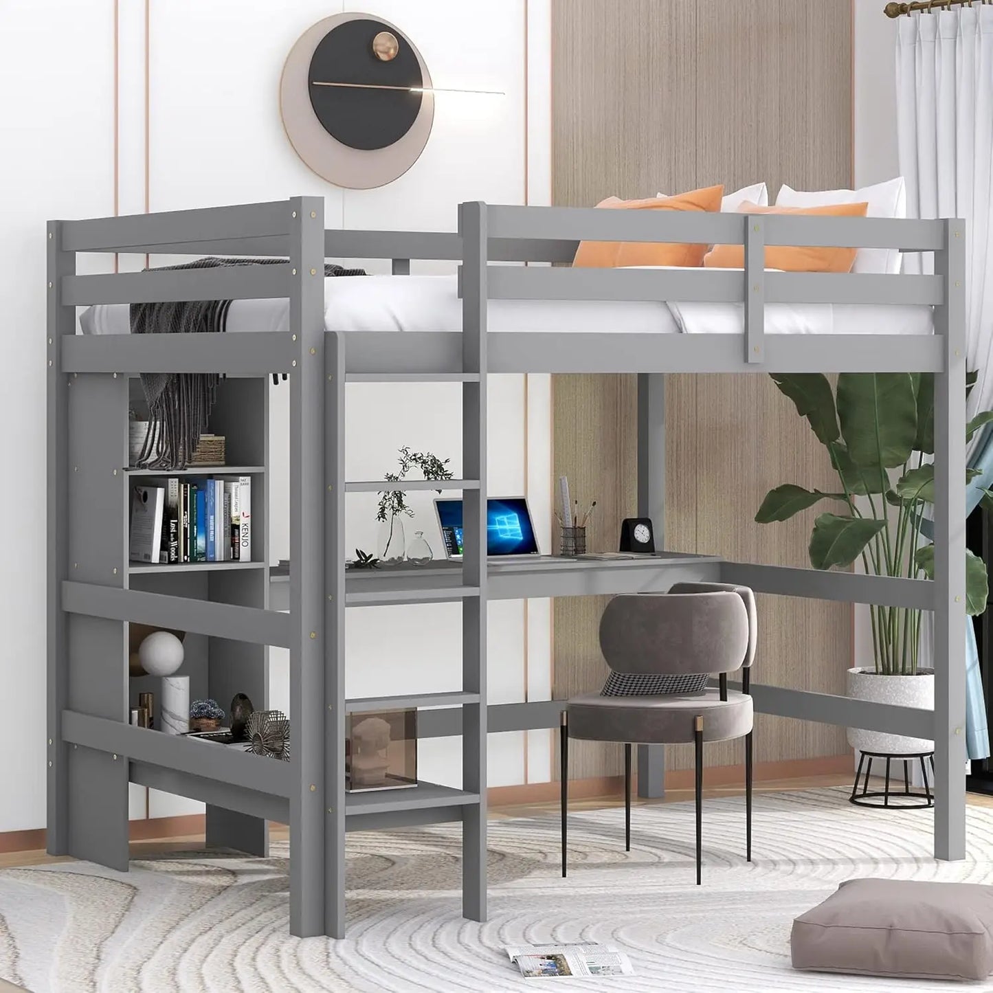 Full Size Loft Bed with Stairs and 2 Four-Layer Storage Cabinets and Curtain, for Kids, Teens, Adults (White+Blue)