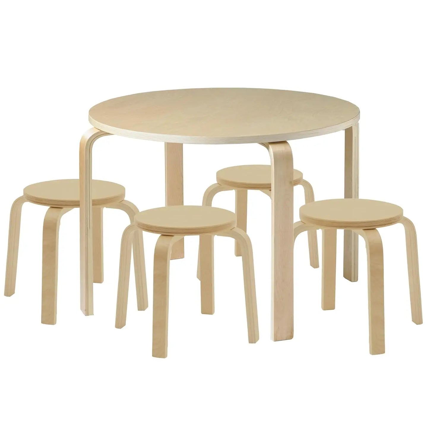 Round Bentwood Table and Stool Set, Natural, 5-Piece