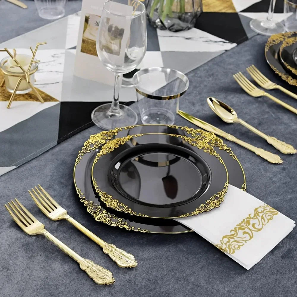 350 piece black and gold plastic plates with gold plastic silverware, disposable cutlery for weddings and parties