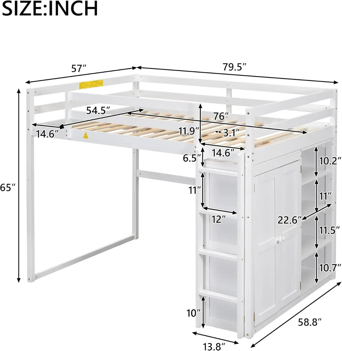 Full Size Loft Bed Frame with Wardrobe and Desk