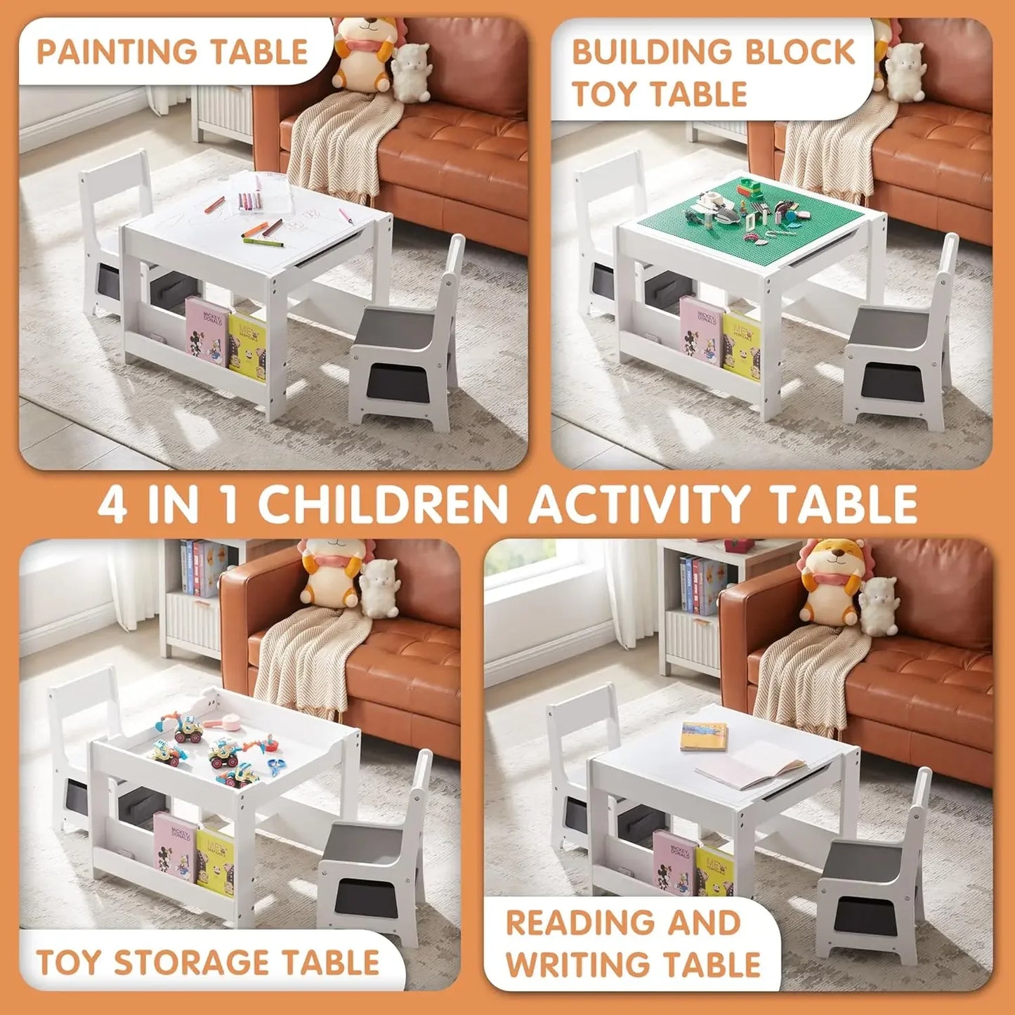 Kid's 3 in 1 Wooden Activity Table and Chair Set, with Bookshelves and Storage Drawer