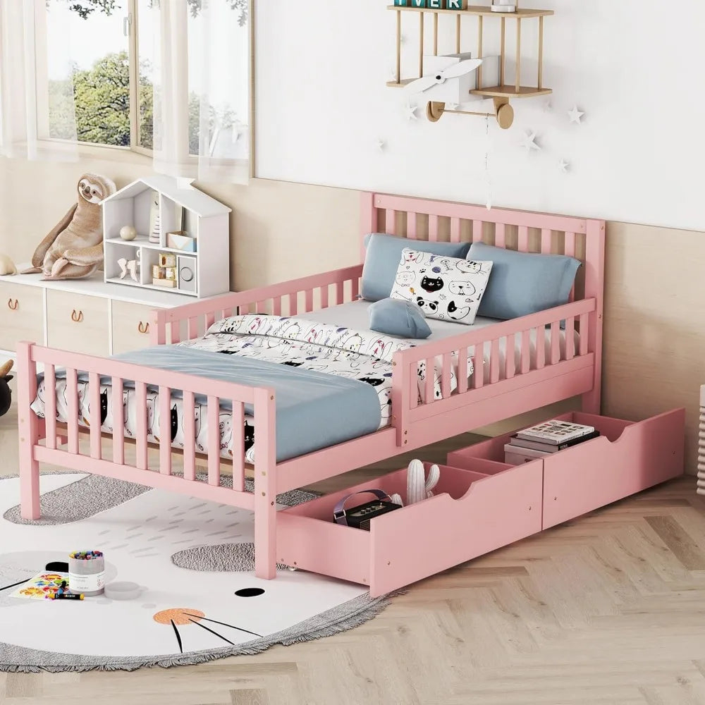 Kids Low Platform Twin Bed with Guardrails