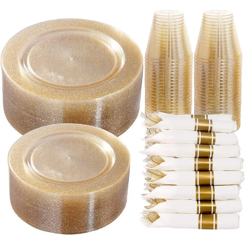 350 Pieces Gold Glitter Dinnerware Set- 50 Guest