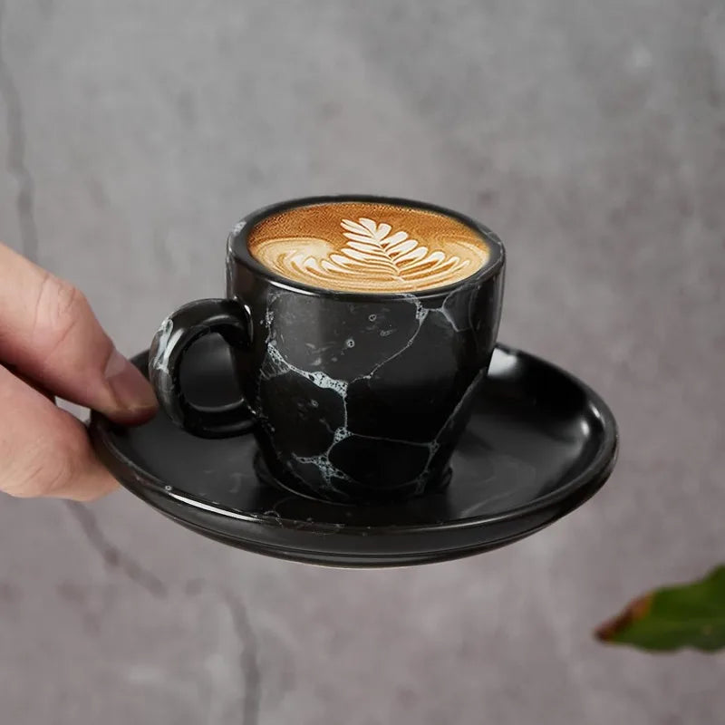 Set of 4 [8oz] Porcelain Coffee Cups with Saucers and Holder