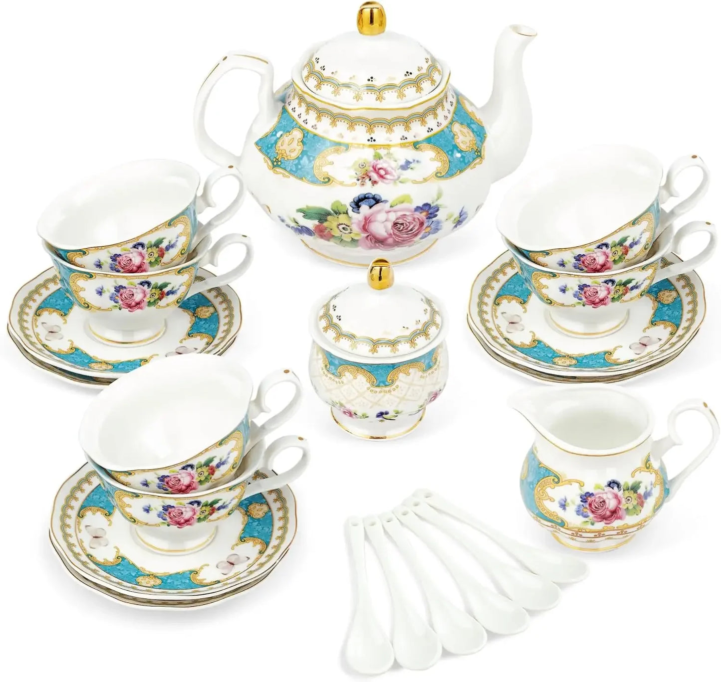 21 Piece Floral Porcelain , British Tea Cup and Saucer Set for 6