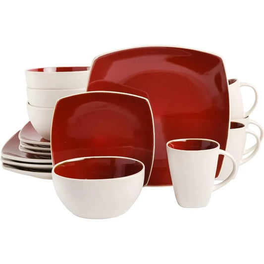 Square Reactive Glaze Stoneware Dinnerware Set, Service for 4 (16pc), Dishwasher and Microwave Safe