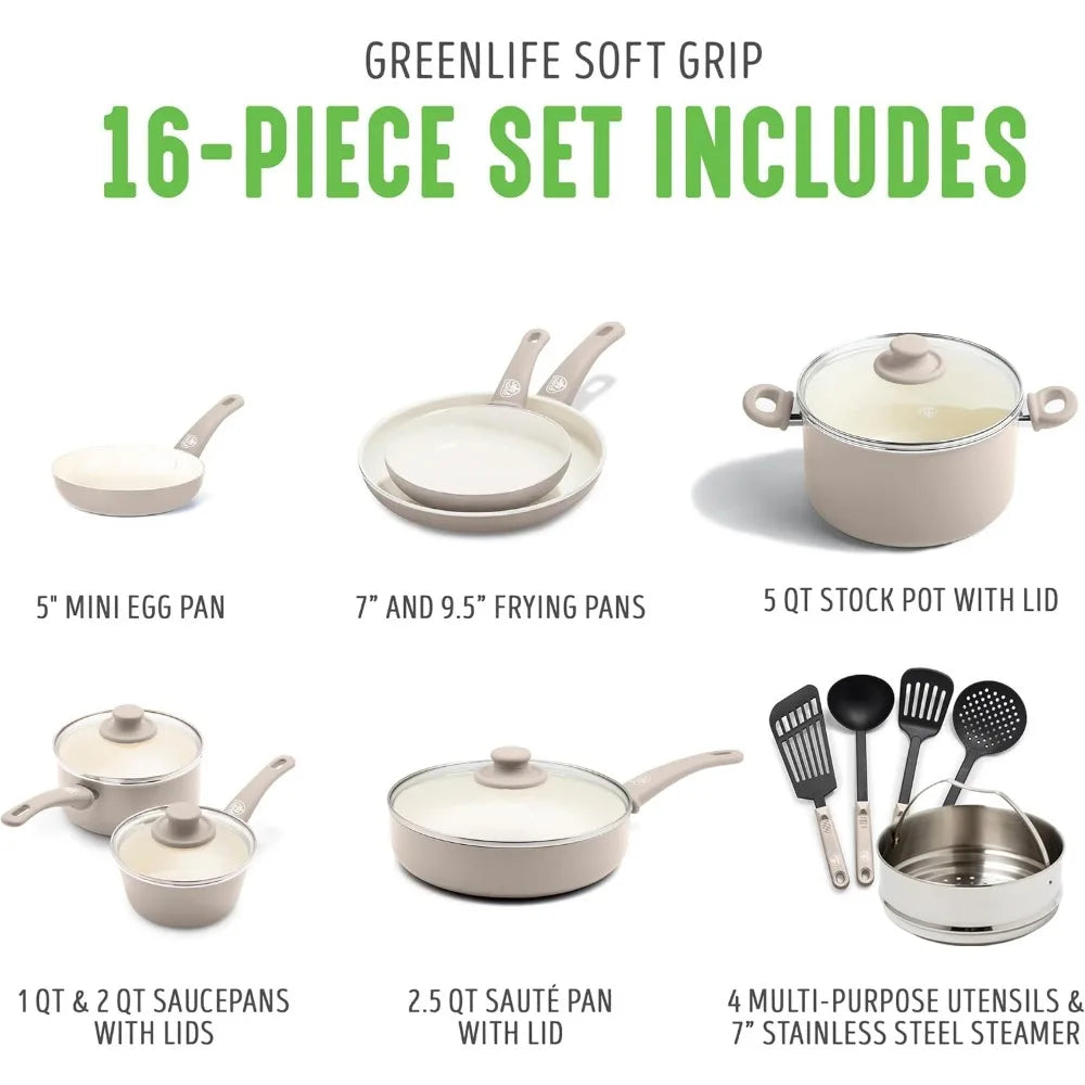 Soft Grip 16 Piece Ceramic Nonstick Cookware Set, Non-Toxic PFAS-Free Frying