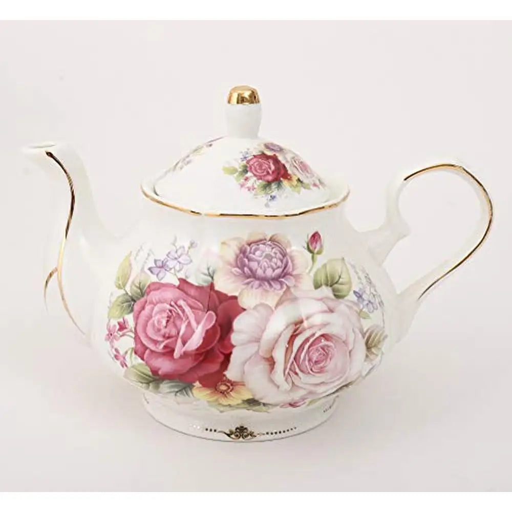 Colorful Rose European Ceramic Tea Set with Metal Holder, 15 Pieces