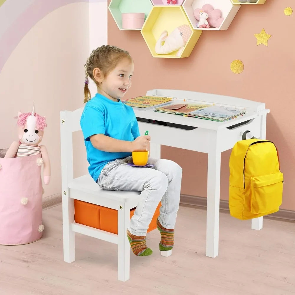 Kid's Wooden Lift-Top Desk & Chair Activity Table Set with Storage, Paper Roll Holder & Pen Slot