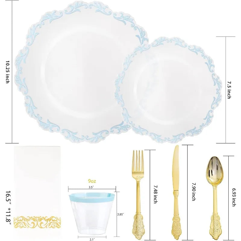 175PCS Clear Green Plastic Plates & Gold Plastic Silverware & Clear Green Cups & Gold Napkins, Service 25 Guest