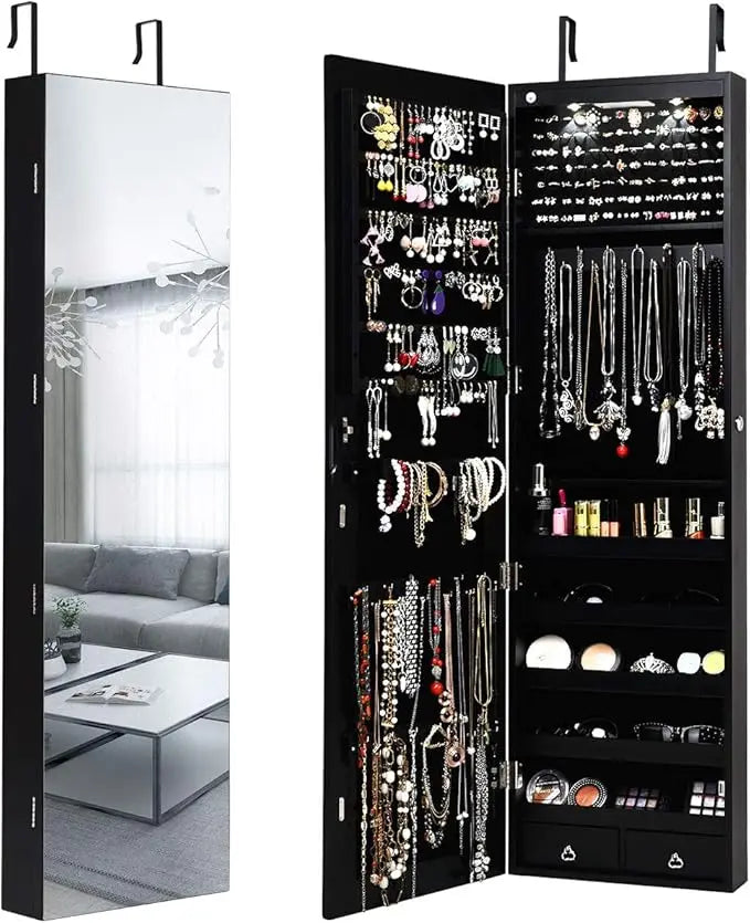 Lockable Large Jewelry Organizer Cabinet with Full-Length Mirror, 2 LEDs