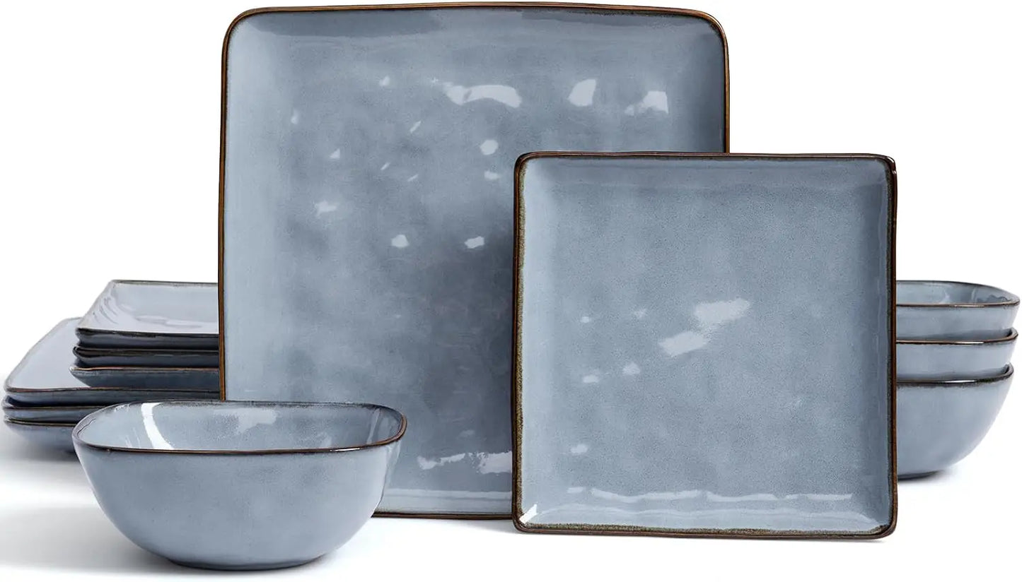 Ocean Square 12-Piece Kitchen Plates and Bowls Sets, Microwave and Dishwasher Safe, Scratch Resistant,