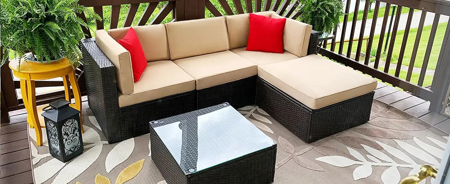 5 Piece All-Weather Brown PE Wicker Patio Furniture Set