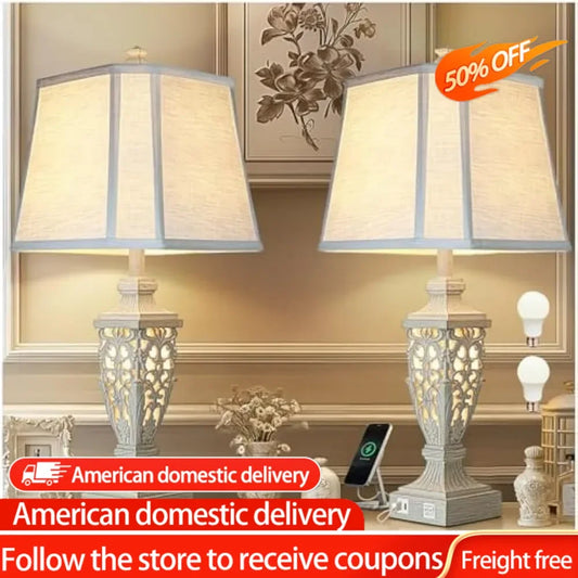 Set of 2- 28.5" Table Lamps  with White Linen Cut Corner Shade