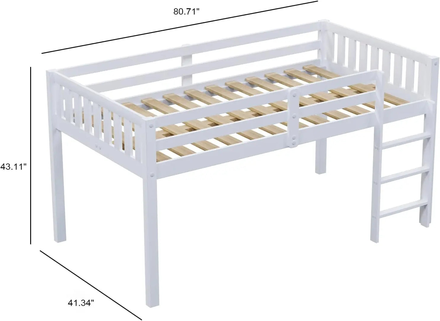 Twin Over Twin Solid Wood Bunk Bed Frame with Ladder and Guard Rail Space