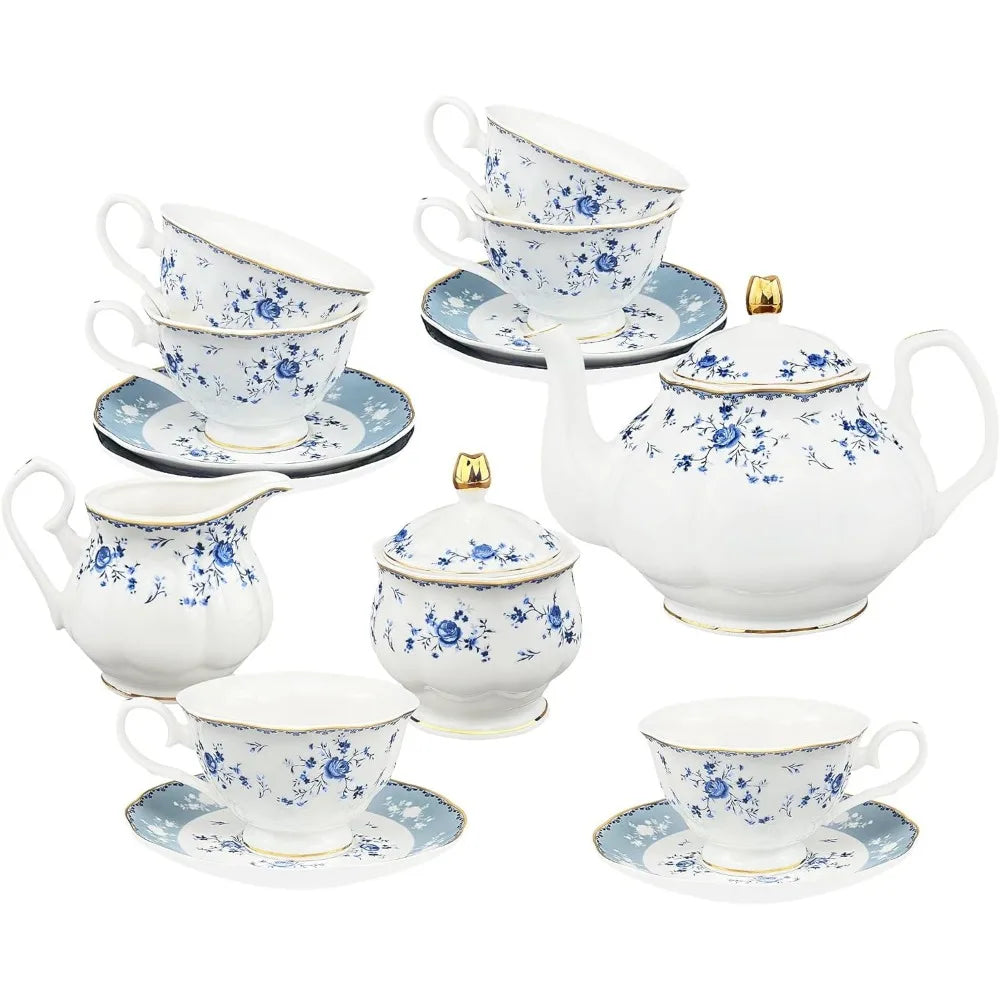 21 Piece Floral Porcelain , British Tea Cup and Saucer Set for 6