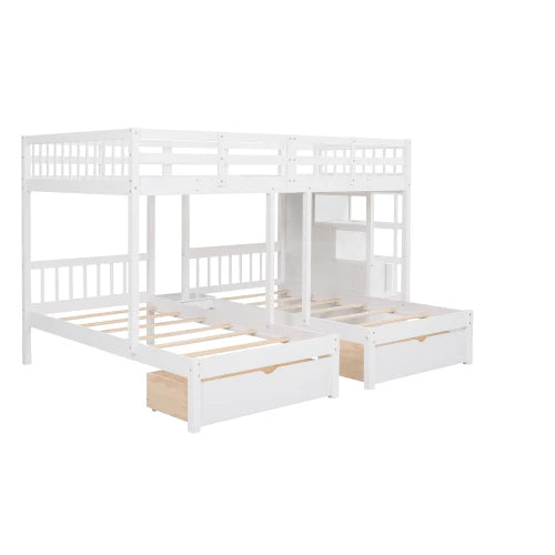 Wood Full over Twin & Twin Bunk Bed,Triple Bunk Bed with Drawers