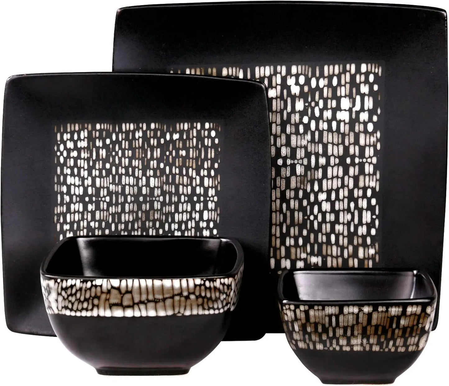 Square Matte Black and Tan Tile Pattern Dinnerware Set, 16 Piece,
