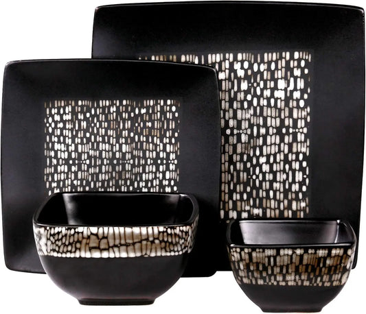 Square Matte Black and Tan Tile Pattern Dinnerware Set, 16 Piece,