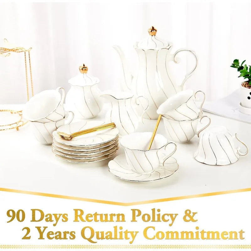 22 pcs Porcelain Tea Set for 6, Luxury British Style Tea/Coffee Cup Set with Golden Trim