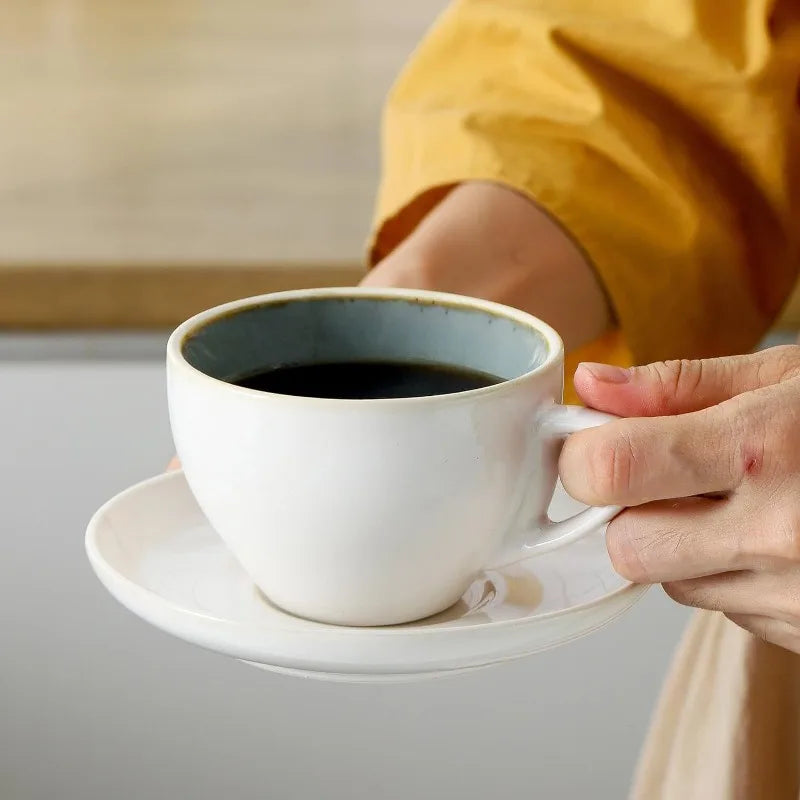 Set of 4 [8oz] Porcelain Coffee Cups with Saucers and Holder