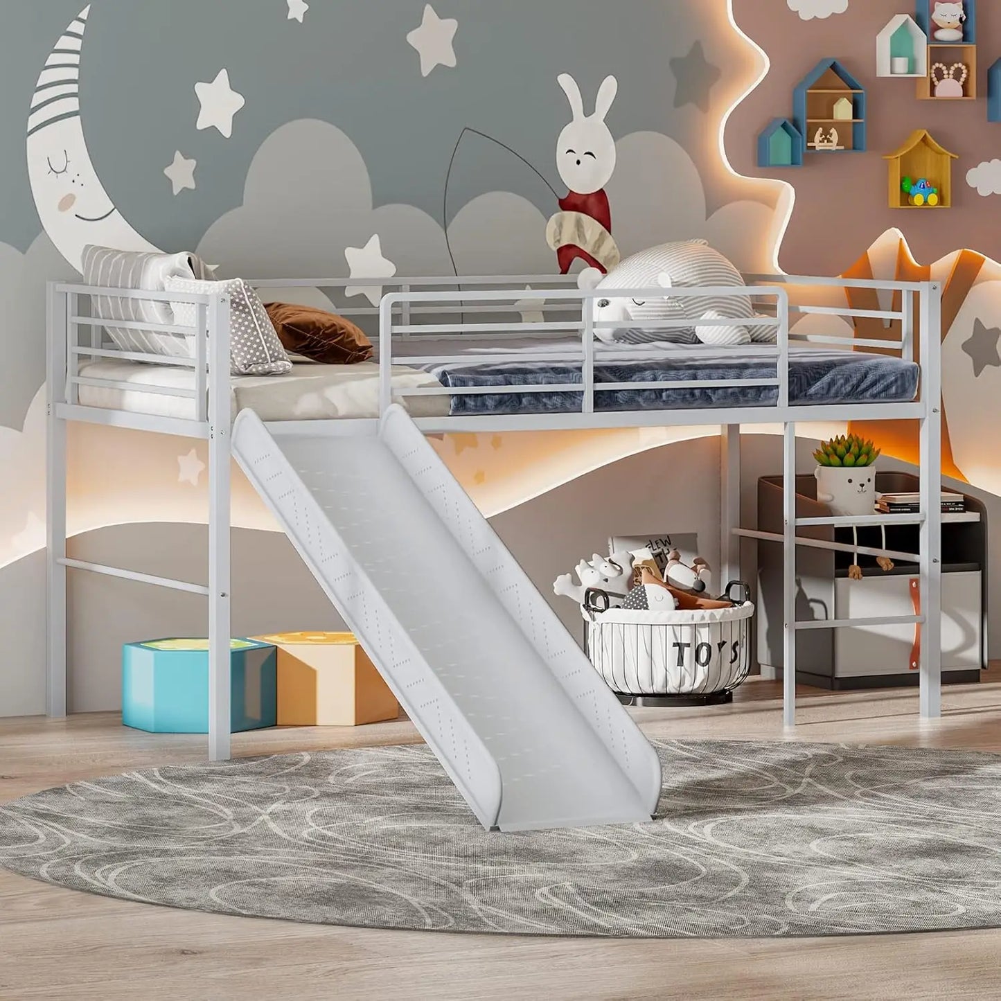 Kids Wood Twin Loft Bed Frame with Climbing Ladder & Storage Space for