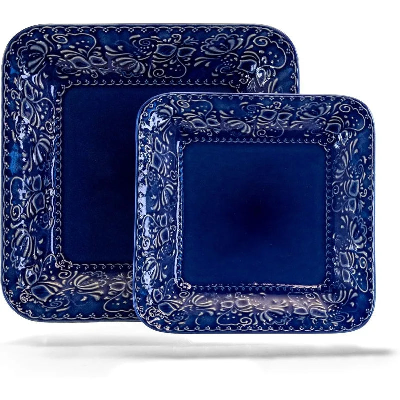 Contemporary Square Embossed Stoneware Dinnerware Dish Set, 16 Piece