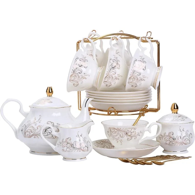 22-Pieces Porcelain Bone China Tea Sets, Gold Rim Coffee Set with Golden Metal Rack