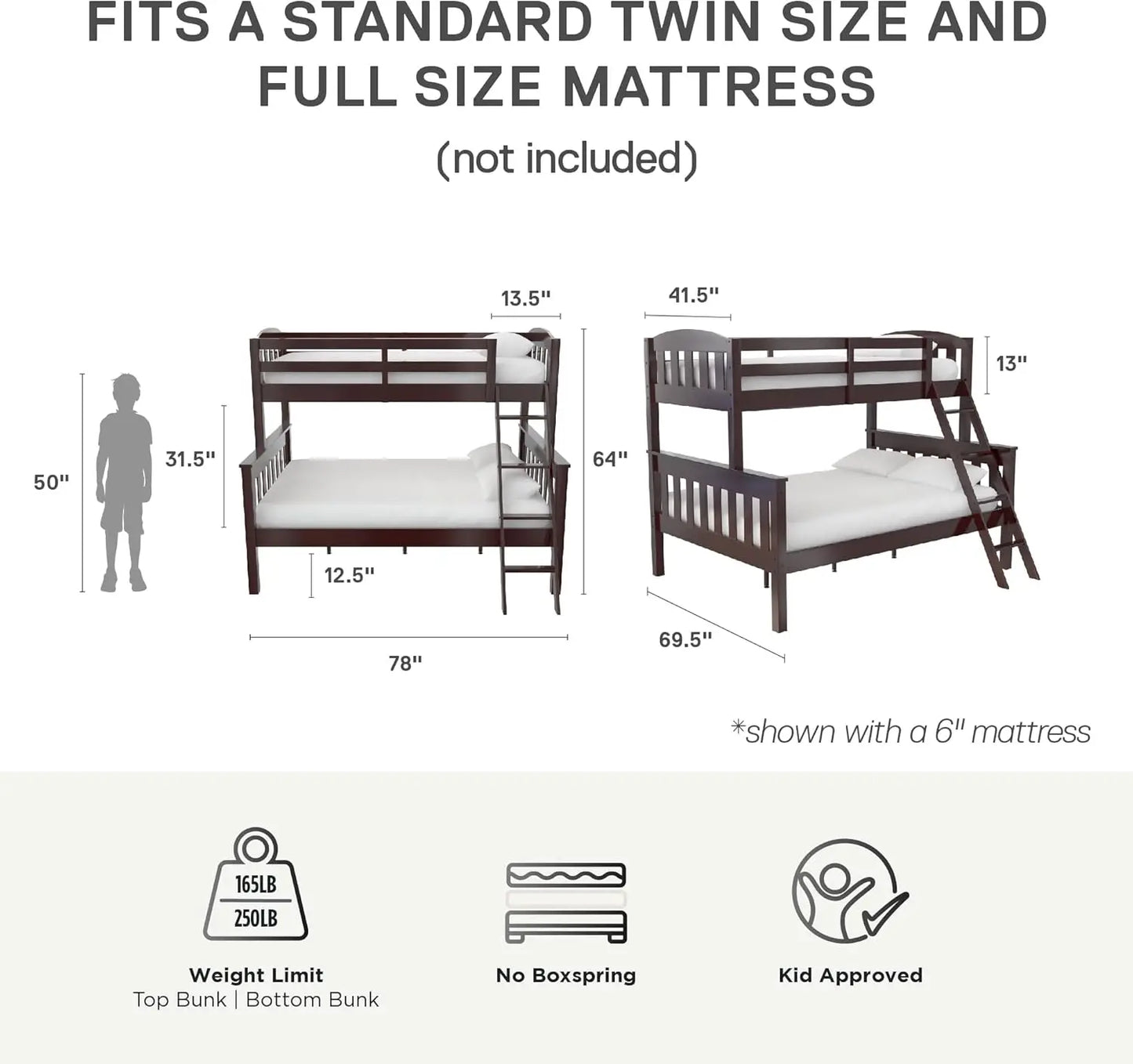 Convertible Wood Bunk Bed, Stackable and Detachable Bed Frames for Kids and Teens, with Angled Ladder