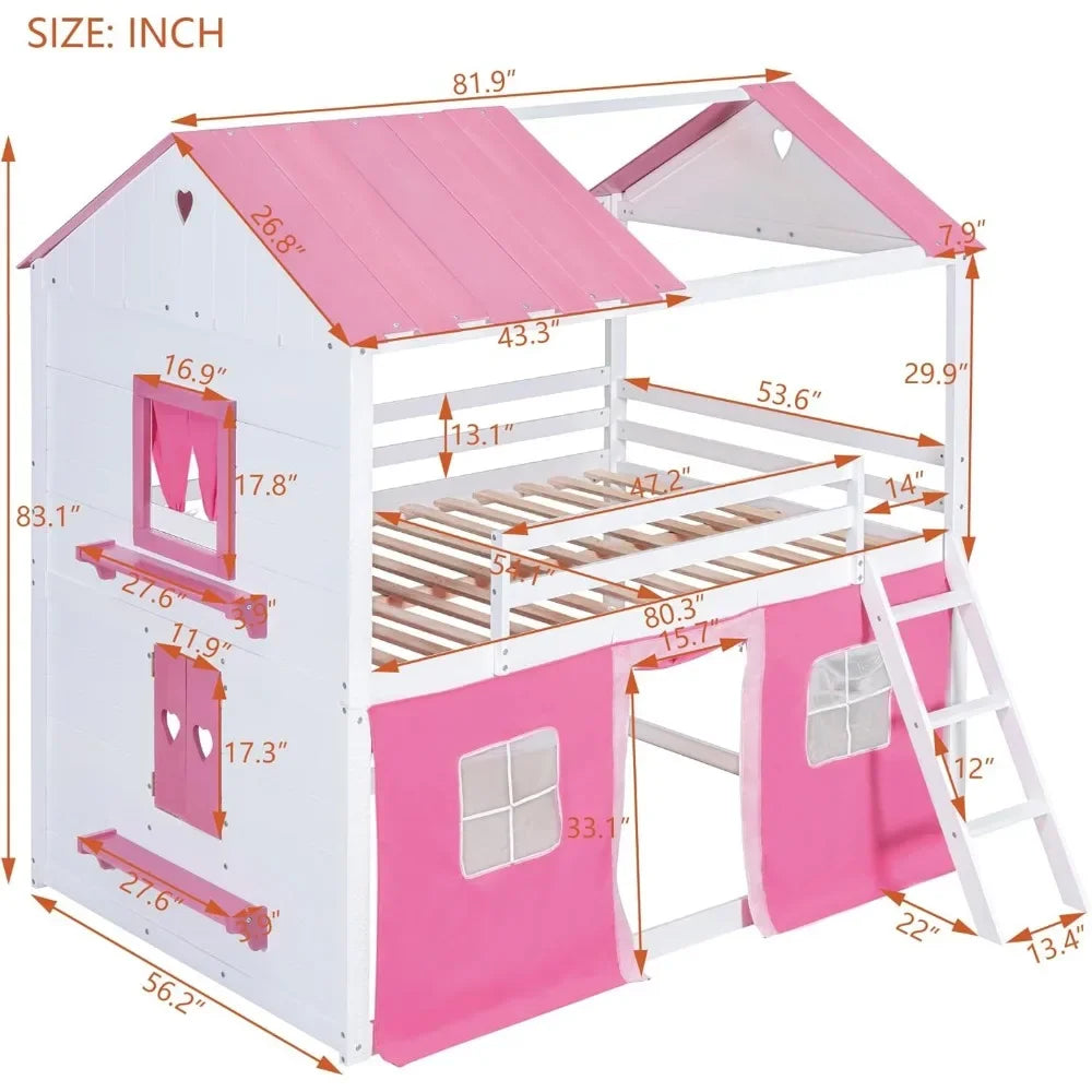 Kids House Loft Bunk Bed with Tent, Ladders, Guardrail, Windows & Roof